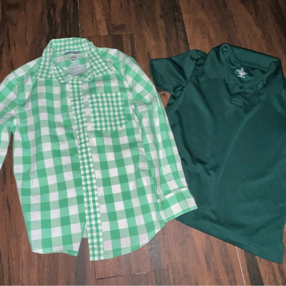 BUNDLE OF (2) Boys Shirts: Green Checkered Button Down and Dark Green Polo